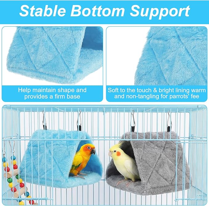 2Pcs Bird Nest Hammock, Birds Hut for Cage, Warm Plush Snuggle Cave Hanging Bed, Parrot Sleeping Bed for Budgies, Parakeets, Cockatiels & Small Parrots (Blue & Grey Size S)