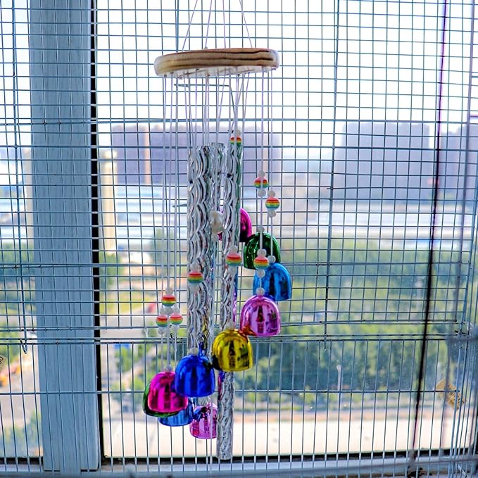 Parakeet Toys with Colorful Bells and Shining Sticks, Bird Cage Accessories Wind Chimes for Chewing, Chew Toys for African Grey, Budgies, Cockatiels, Lovebirds, Conures, Quakers, Small to Medium Birds
