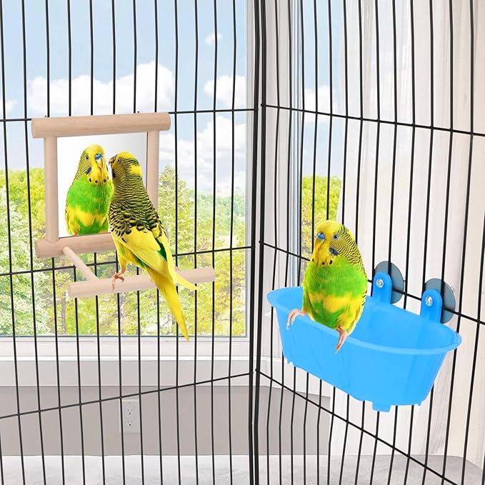 Wontee Bird Bath Parrot Bathing Tub Bird Mirror with Perch Toys for Budgies Parakeets Cockatiels Lovebirds Finches Canaries (Blue (A))