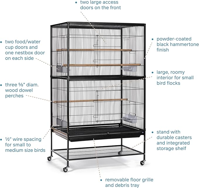 Prevue Pet Products Steel Bird Flight Cage with Wheels - Large Birdcage for Parakeets, Canaries, Finches, Cockatiels, Lovebirds, & Green Cheek, Metal Standing Birdcage - Black, Large
