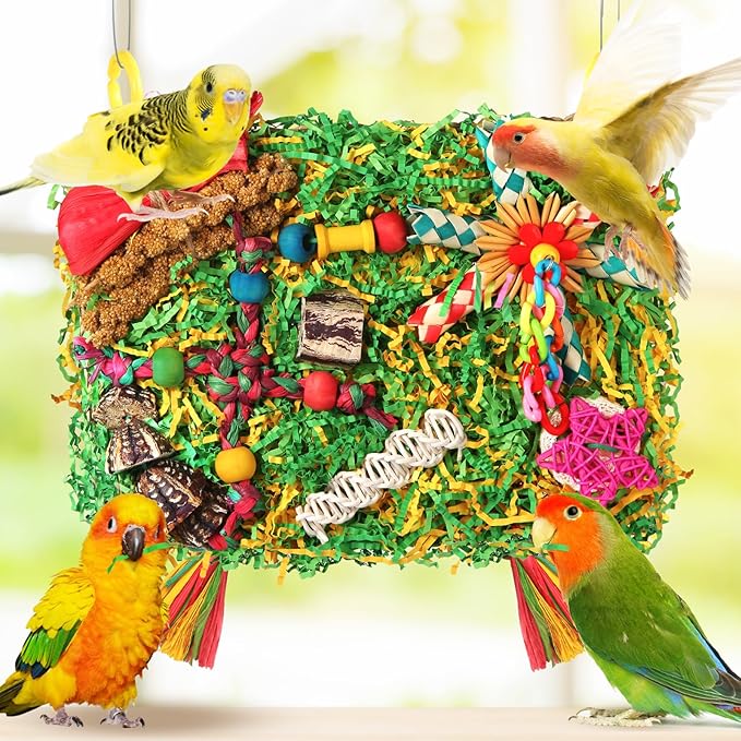 YIXUND Bird Toys Parakeet Toys,Large-Sized Parrot Foraging & Shredding Cage Hanging Toys with Seagrass Mat for Budgies,Cockatiels,Lovebirds,Conures Small & Medium Parrots