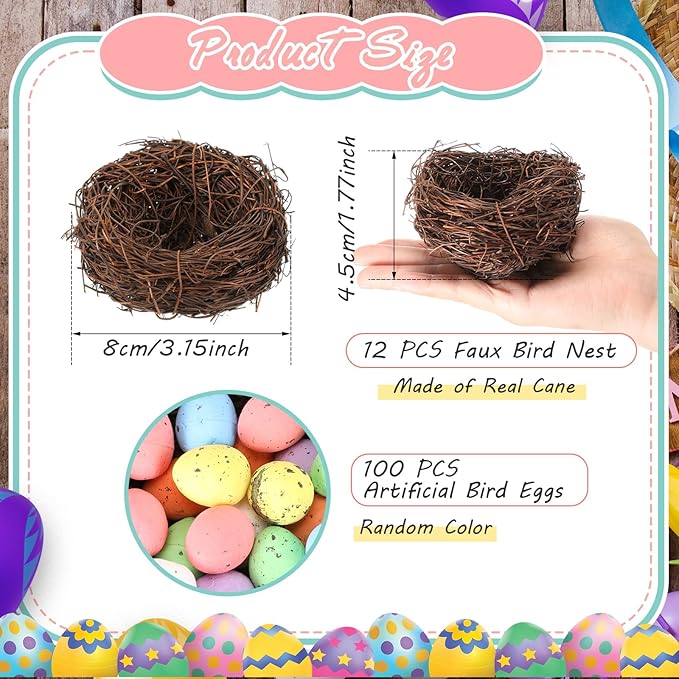 Simgoing 12 Pcs Birds Nests with 100 Pcs Easter Eggs, Mini Artificial Bird Nest for Crafts, Easter, Party, Wedding, Faux Rattan Nest Decorating(3.2 Inch)