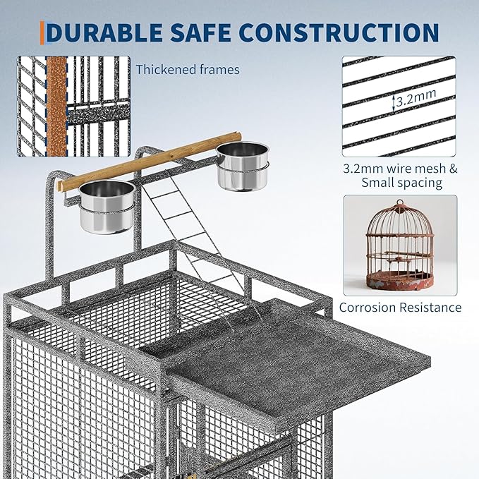 TrailBlaze Spacious 61.5 Inch Large Metal Bird Cage with Play Top and Rolling Stand, Tall Parrot Cage with Feed Bowls for Cockatiels, Conures, Cockatoos, Parakeets, Durable Wrought Iron
