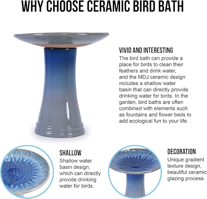 Ceramic Bird Bath for Outdoors, 18" H Weather-Resistant Birdbath for Garden Bird Watching, Pedestal Glazed Birdbaths, Ombre Blue