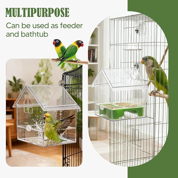 Bird Cage Feeder Parakeet Bathtub Feeding Watering Hanging Shower Box Cage Accessories for Parrot Cockatiels Parakeets, Green