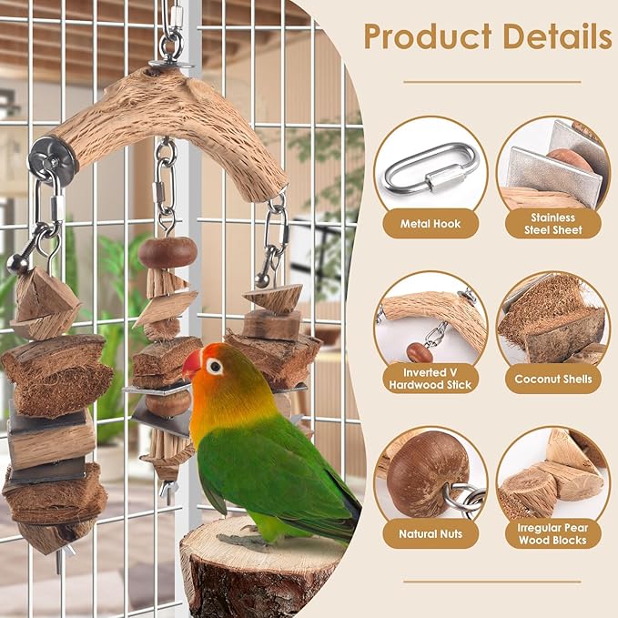 DBNESS Bird Parrot Toys, Hanging Medium Large Birds Wooden Chew Blocks with Stainless Steel Natural Chewing Cage Bite Toy for Macaws African Greys Cokatoos Amazon Parrots Similar Sized Pet Parrots