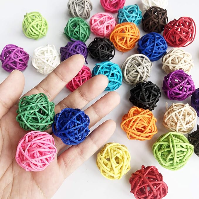 Benvo Rattan Balls 32 Pack 1.2 inch Wicker Ball Birds Quaker Parrot Parakeet Chewing Pet Bite Ball for Budgies Conures Hamsters Ball Orbs Crafts DIY Accessories Vase Fillers (Multi-colored)