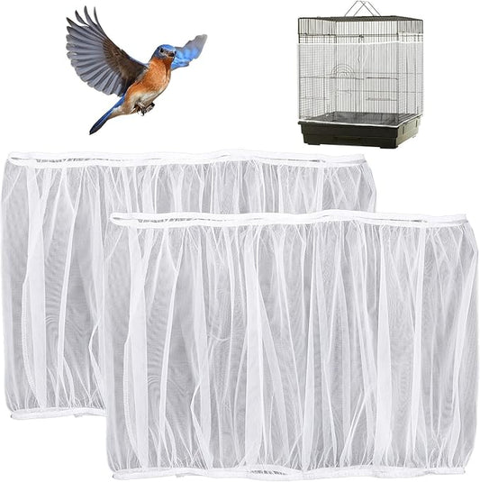 2 Pcs Bird Cage Cover Universal Bird Cage Seed Catcher, Breathable Nylon Mesh Net Cover Adjustable Soft Airy Cages Net Stretchy Skirt for Round Square Cages