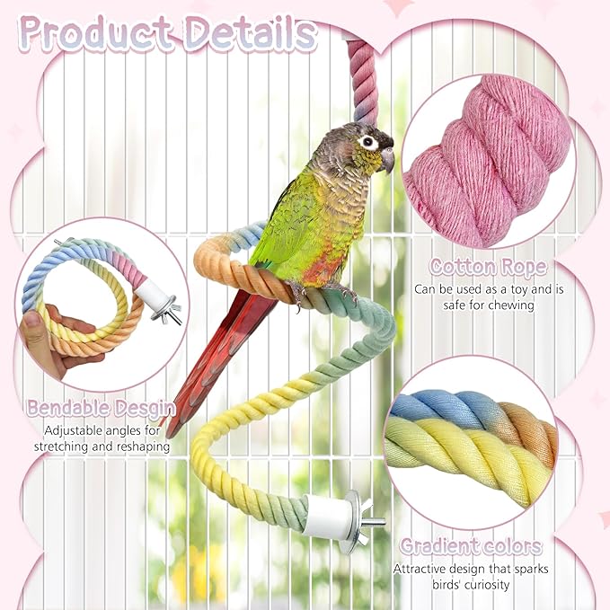 4 Pcs Bendable Bird Rope Perches Gradient Color Parrot Perch Rope Stand for Cage Double-Layer Climbing Swing Toys Bird Cage Accessories for Budgie Parakeet Lovebird Cockatiel
