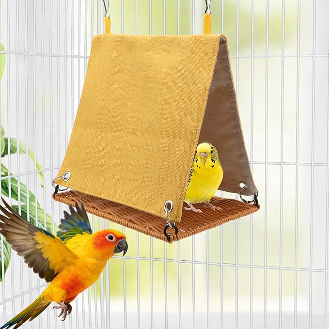 Hypeety Bird Nest Parakeet Tent for Cage Cozy Warm Bird Bed Hut Hideaway with Hanging Hook Washable Bird Cage Accessories Soft Snuggle Nest for Cockatiel Lovebird Conure Budgie Habitat (Yellow, L)