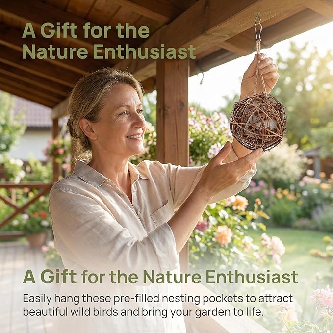 Totority Bird Nesting Material 3pcs, Pre-Filled Roosting Pocket with Soft Cotton, Ready-to-Hang Natural Shelter for Attracting Hummingbirds, Wild Birds to Garden, Yard, Outdoor Courtyard
