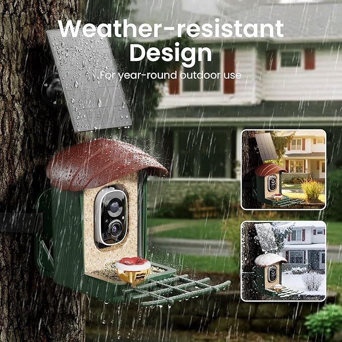 HEAPETS Bird Feeder with Camera Solar Powered, 3K HD Video, AI Bird Recognition, Auto Capture with Instant Notifications, IP65 Weatherproof, Gifts for Seniors Bird Watchers, Brown