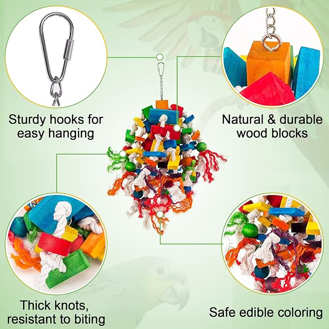 Large Parrot Toy - Multicolored Natural Wood Blocks Tearing Toys for Birds Suggested for African Grey, Macaw and Amazon Parrots