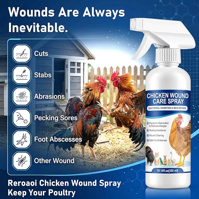 Chicken Wound Spray, Poultry Wound Wash, No Rinse, No Contact, for Cuts,Stabs,Abrasions and Foot Abscesses, Safe for All Animals, 300ml