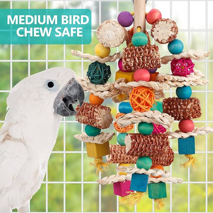 lovyoCoCo Parrot Toys Bird Toys Natural Corn Cob Bird chew Toys for Small and Medium-Sized Macaws,African Grey,Cockatoos,Amazon Parrots,Parakeet,Cockatiel,Sun Conure, Lovebird with Wooden Blocks