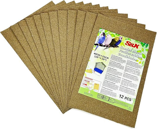 S&X Gravel Paper for Bird Cage 12-Pack 16” x 10” Gravel Liner Paper Sand Sheets Bird Cage Liners