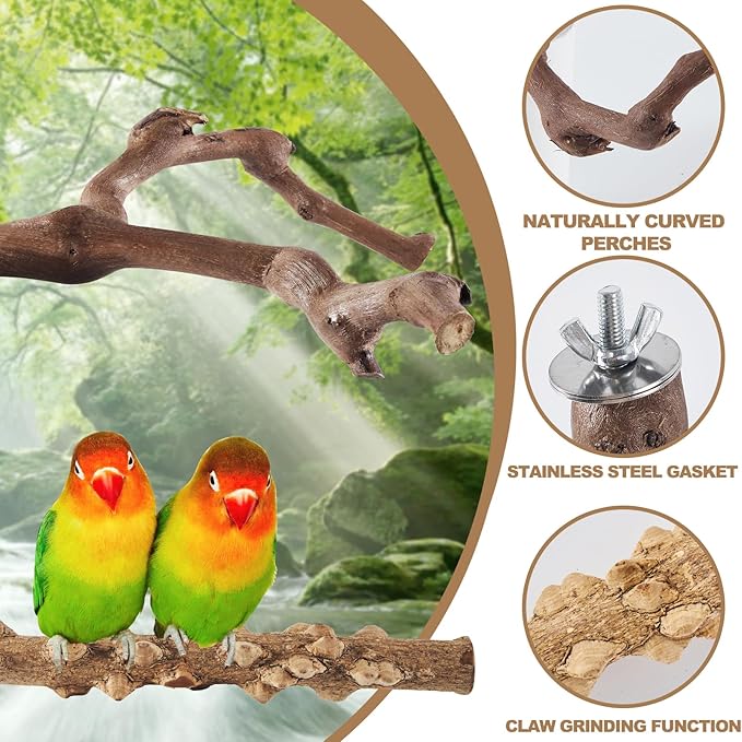 LIMIO 6-Piece Bird Perch Set - Natural Wood Grape Sticks, Paw Grinding Forks, Bird Stand & Toys for Parakeets, Cockatiels, Conure, Budgies
