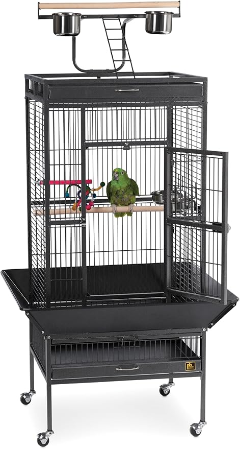 Prevue Pet Products Wrought Iron Select Bird Cage - Large Steel Cage with Rolling Stand, Seed Guards, and Playtop, Ideal for Conures and Medium Birds - Black Hammertone