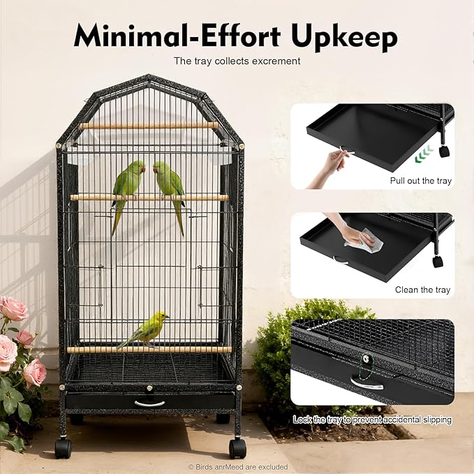 Large Bird Cage, Movable Pet Bird Flight Cages with 5 Doors Wheels, Panorama Bird Aviary Indoor with Stand 17.9x17.9x39.9in, Fit for a Canary, Finch, Cockatiels, Conures, Parrot, Lovebirds