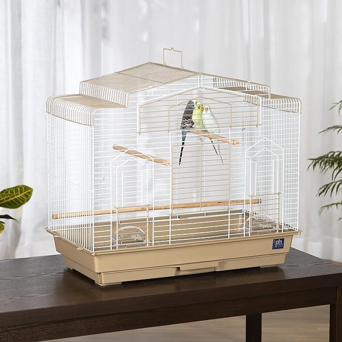 Prevue Pet Products Barn Style Bird Cage - Ideal for Parakeets, Parrots, Lovebirds, Conures, Canaries, and Similarly Sized Birds, Wide Barn Style Design, Stand Alone Cage - Brown & White