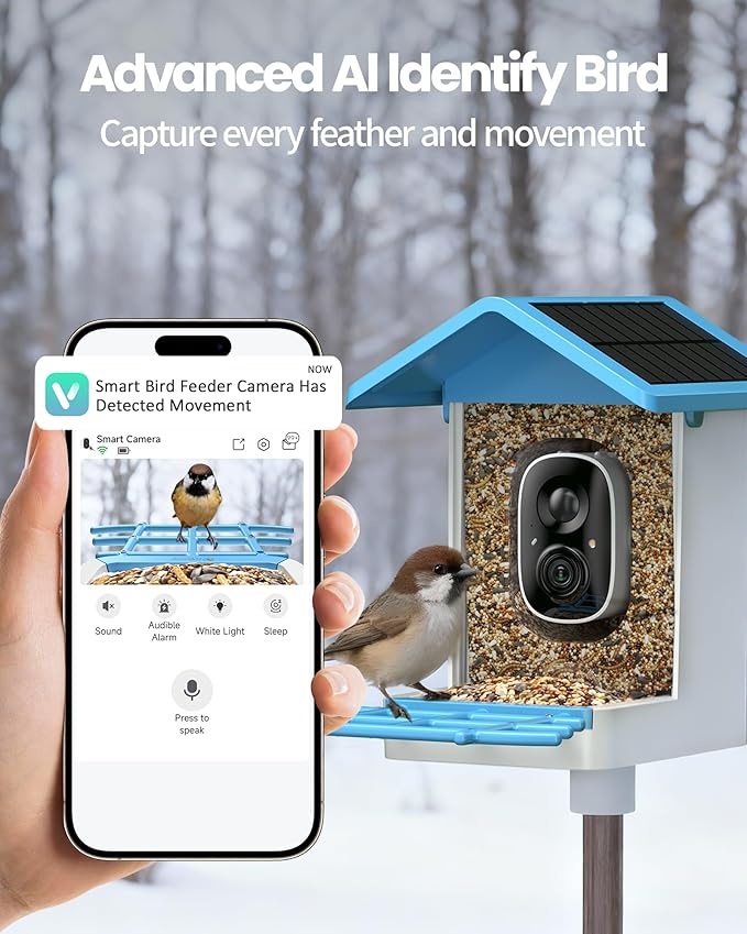 isYoung Smart Bird Feeder with Camera, 2.5K QHD Resolution, AI Identify 16000+ Birds, AI Auto-Capture & Motion Detection, IP65 Water-Resistant, 5W Solar Powered, Best Gift for Bird Lovers（Blue）