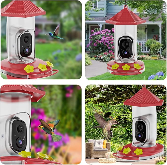 Smart Hummingbird Feeder with Camera, Wireless Bird Feeders with Solar Powered AI Recognition Instant Notifications, Feeder for Outdoor Ideal Gift for Bird Lovers