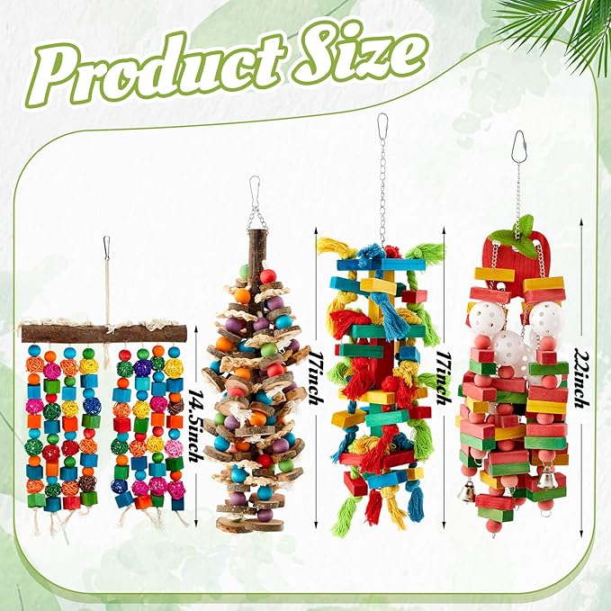 Seenelling 4 Pcs Extra Large Bird Parrot Toy Multicolored Natural Wooden Parrot Cage Chewing Toys for Large Medium Macaws Cockatoos African Grey Birds (Block and Ball)