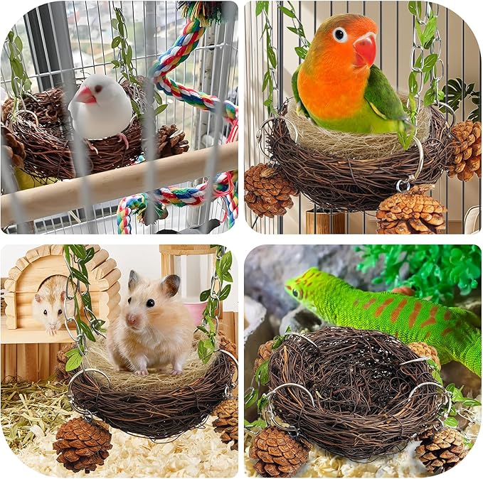 PINVNBY Natural Rattan Bird Nest for Cage Hanging Bird Bed Sugar Glider Swing Toys with Coconut Fiber Mat for Parakeet Cockatiel Lovebird Conure Sugar Glider Canary