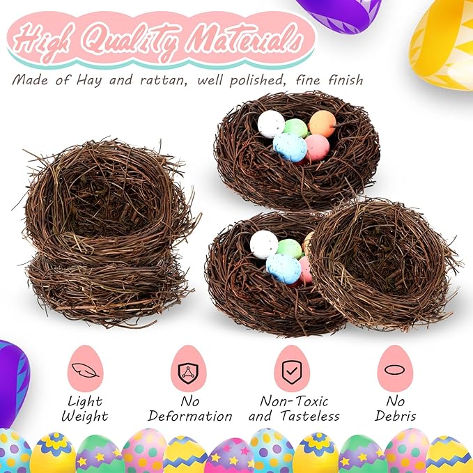 Simgoing 12 Pcs Birds Nests with 100 Pcs Easter Eggs, Mini Artificial Bird Nest for Crafts, Easter, Party, Wedding, Faux Rattan Nest Decorating(3.2 Inch)