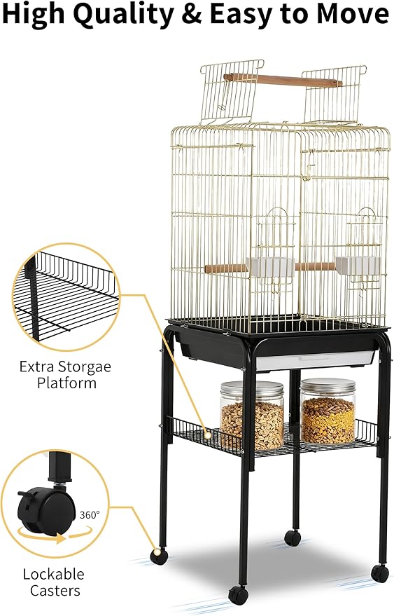 Garvee Bird Cage, 57‘’H Open-Top Durable Bird Cage w/Rolling Stand, Removable Tray, Extra Storage Stand, Brakable Casters,Large Dorr for Access, Indoor& Outdoor Use for Birds