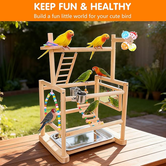 Bird Playground, 3 Tier Bird Perch Stand Parrot Playground Bird Tree with Parakeet Toys, Bird Ladder & Swing, Feeder Cups, Parakeet Mirror, and Removable Tray for Small to Medium Birds