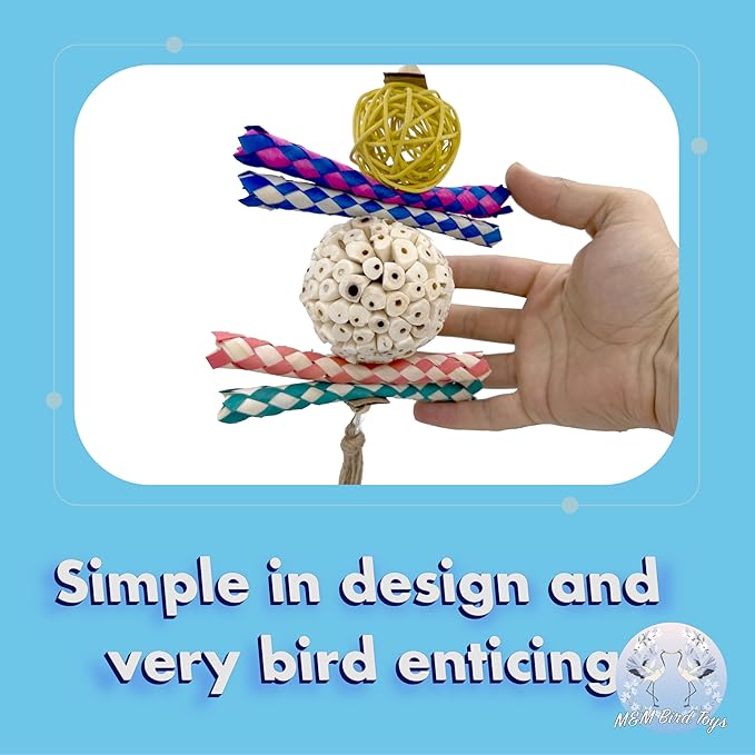 1703 Large Rainbow Rattan Sola Shredder - Handcrafted hanging foraging bird cage toy, Colorful rattan vine ball, Natural sola wood ball, Chewy bamboo finger traps, Natural jute twine, Lightweight part