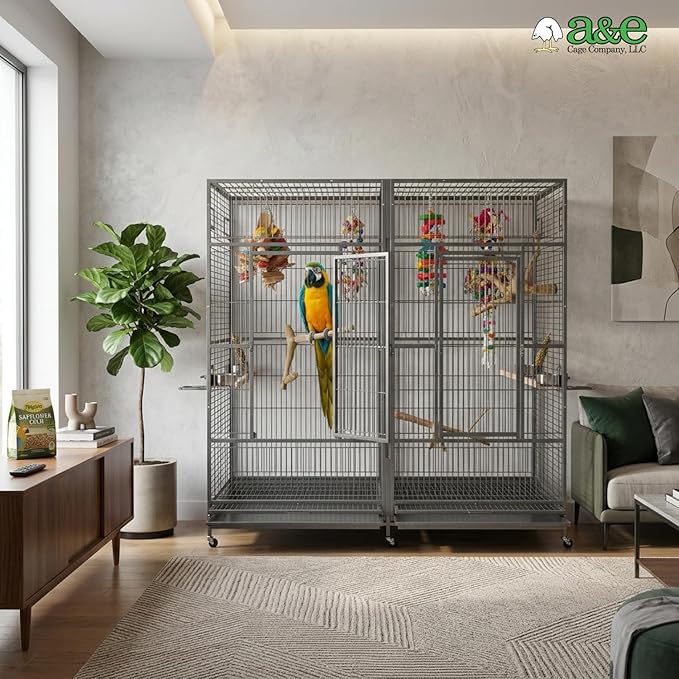 A&E Cage Co 8040FL Double Macaw Cage 80"x40"x74" Extra Large Parrot Cage with Divider, Swing-Out Feeder Doors, Stainless Steel Bowls & Perches, Heavy Duty for Macaws Cockatoos