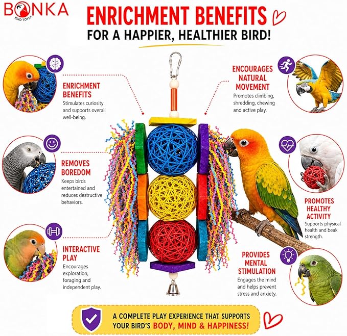Bonka Bird Toys 1854 Tri Foraging Star 13" x 8" Natural Vine Ball Chew and Shred Toy for Medium to Large Birds Like Conures African Greys Amazons and Similar