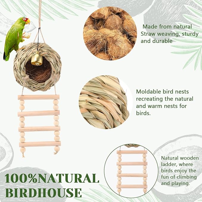 Briwooody Hanging Bird Nest for Cage with Ladder Bell Natural Coir Fiber, Grass Hand Woven Hummingbird Finch House for Outside Breeding Nest Parakeet Bed for Budgie Canary Parrot Patio Lawn Garden