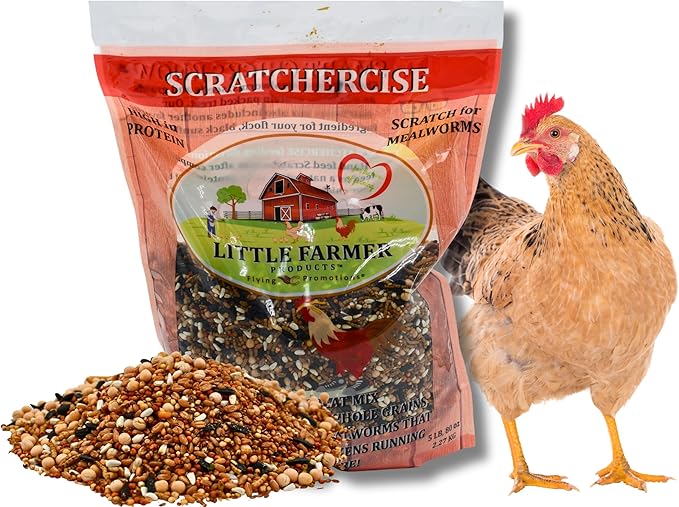 SCRATCHERCISE Premium Chicken Poultry Free-Range Scratch Treat Mix | Wheat, Milo, Peas, Sunflower, Safflower, Flax, Mealworms (5 lbs)