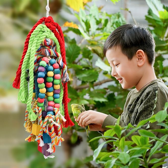 Large Bird Chewing Toys, 21.7 × 5.1 inch Parrot Shredding Wooden Block and Cotton Rope Toys, Cage Accessories for Small to Large Birds Cockatiel Parakeets Lovebirds Conure Macaw African Grey Amazon