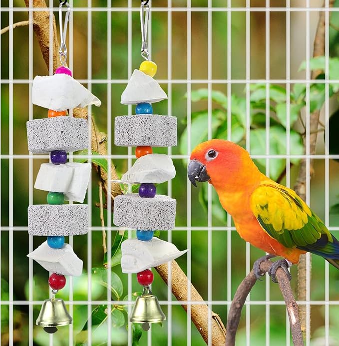 2Pcs Bird Beak Trim Cuttlebone Calcium Stone Lava Block Chew Toy Grinding Teeth Natural Minerals with Bell for Parakeet Conure Lovebird Cockatiel Finch Canary Hamster Chinchilla Rabbit