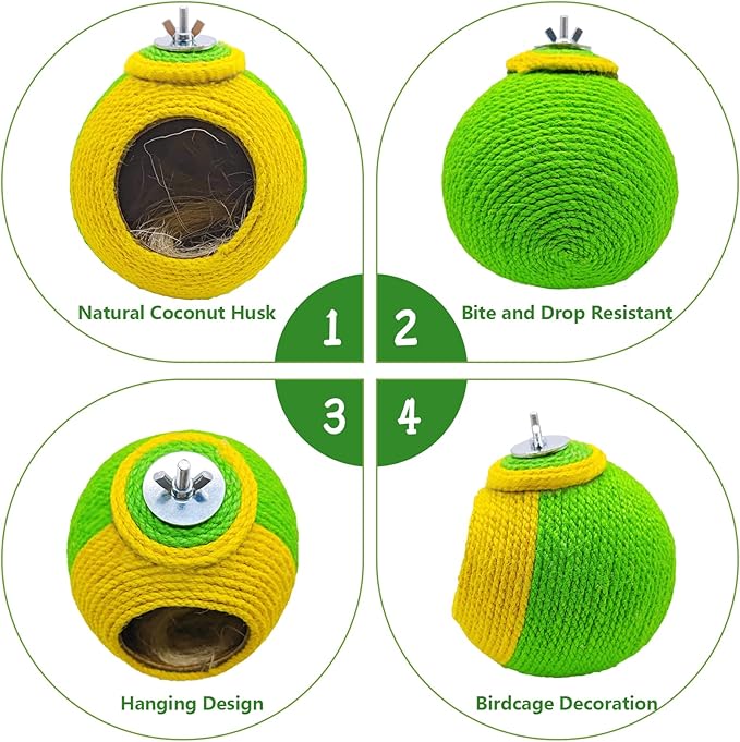 Bird Nest,Parrot Breeding House,Parakeet Natural Coconut Shell Hut,Hanging Budgie Nesting House with Coconut Fiber,Cockatiel Bed for Conure Lovebird Finch Birds,Green&Yellow