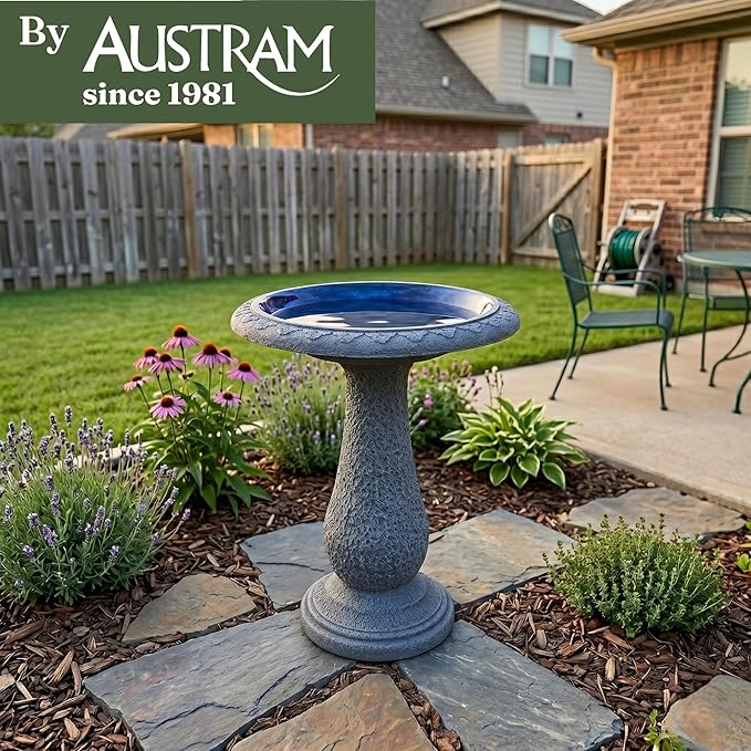 Pedestal Bird Bath Bowl 23 Inch Sea Blue - Stone-Resin Composite Bird Baths for Outdoors - Decorative Standing Outdoor Garden Decor for Front Porch Patio Yard Backyard Lawn Ornament
