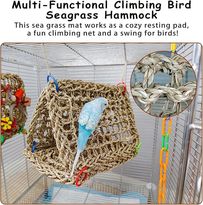 Tfwadmx Large Bird Seagrass Hammock, 3Pcs 7x11.8in Seagrass Mat for Birds, Hanging Parrot Toys, Counre House Hut Hideout for Parakeets, Lovebirds, Budgies, Cockatiels