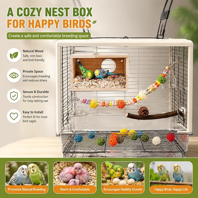 Rypet Parakeet Nesting Box Transparent Design, Thwartwise Bird Nest Breeding Box with Perch Wood Bird Cage House for Cockatiel Lovebirds Budgie Finch Parrotlets Canary S