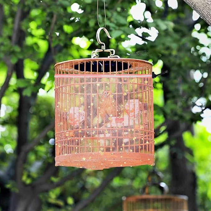 Bird Cage Seed Catcher, 45-90'' Adjustable Bird Cage Cover, Universal Nylon Bird Cage Mesh Net, Bird Cage Skirt Guard Accessories for Parrot Parakeet Macaw Round Square Cage (Pink)