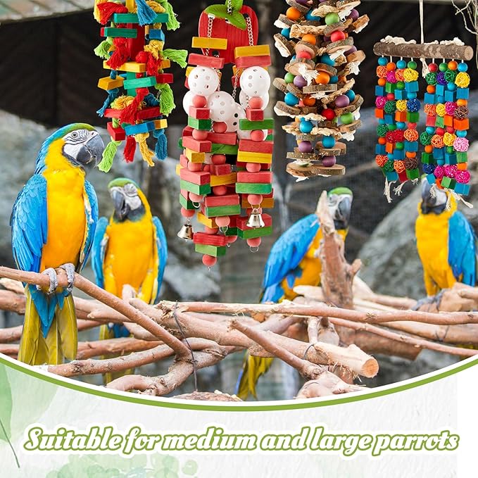 Seenelling 4 Pcs Extra Large Bird Parrot Toy Multicolored Natural Wooden Parrot Cage Chewing Toys for Large Medium Macaws Cockatoos African Grey Birds (Block and Ball)
