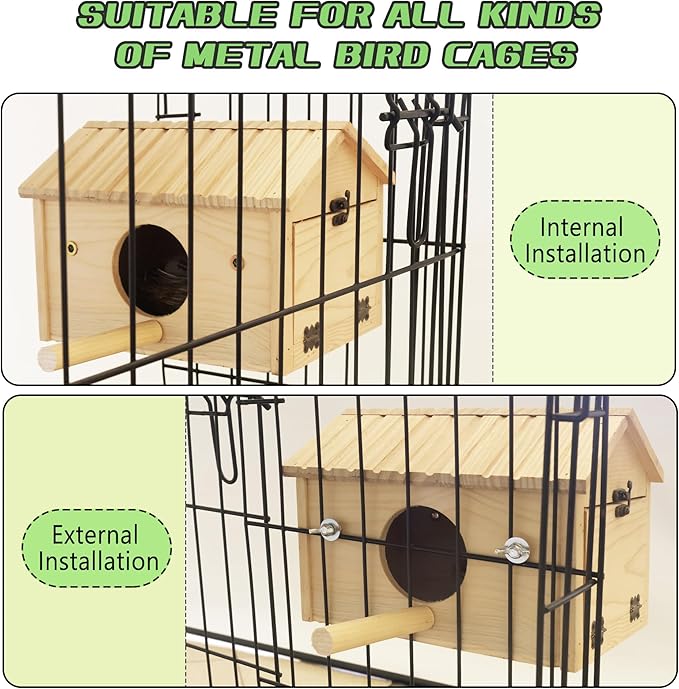 HiCaptain Bird Nesting Box Wooden Cockatiel Breeding Nest for Cages, Large Parakeet Nest Box Lovebird House Budgie Breeding Box (Wood)