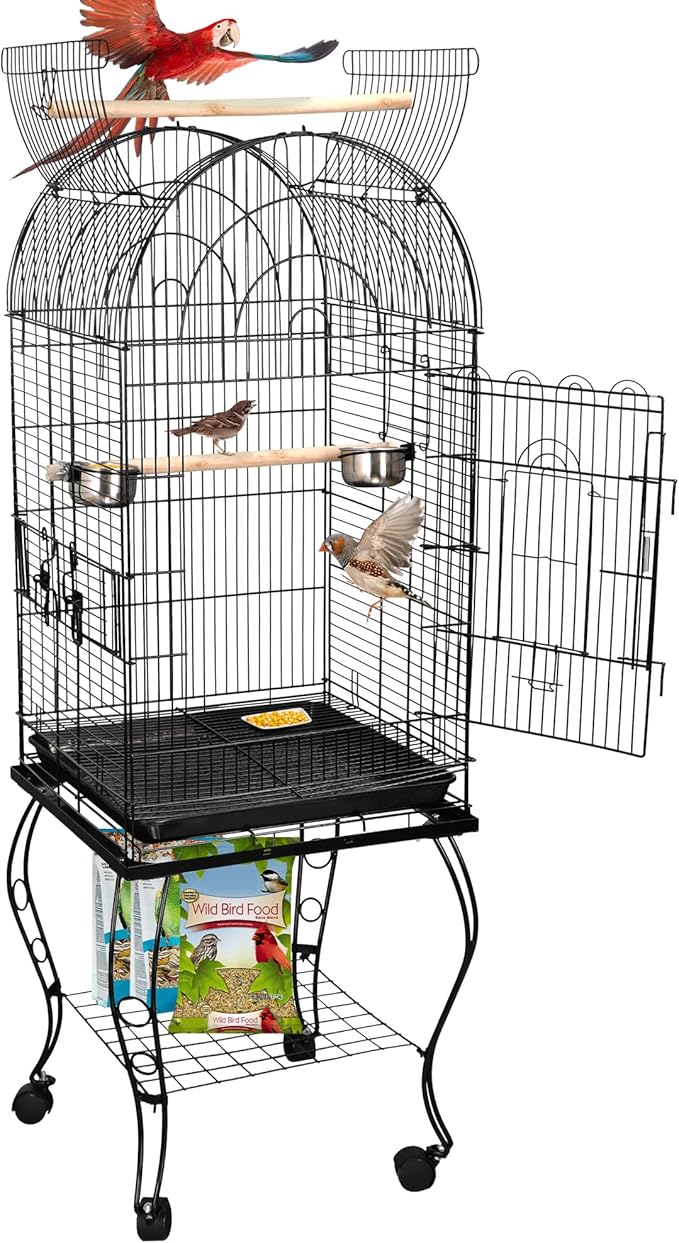 ZENY 63.5 Inch Open-Top Birdcage, Wrought Iron Bird Cage with Slide-Out Tray + Detachable Rolling Stand, Pet Parrot Cage for Parakeets Cockatoo Cockatiels, Play-Top Birdcage