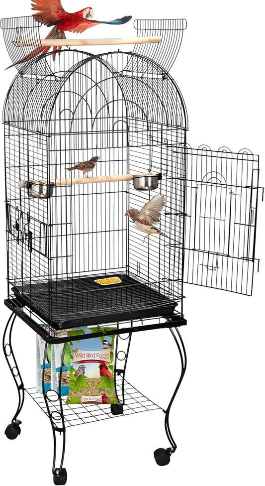 ZENY 63.5 Inch Open-Top Birdcage, Wrought Iron Bird Cage with Slide-Out Tray + Detachable Rolling Stand, Pet Parrot Cage for Parakeets Cockatoo Cockatiels, Play-Top Birdcage