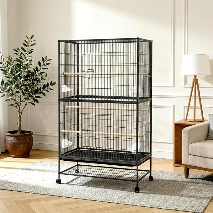 GarveeHome 60" H Large Bird Cage, Bird Cage with Rolling Storage Stands, Feed Bowls, Wide Tall Parakeet Cage for Parrots, Conures, Cockatiel, Cockatoo