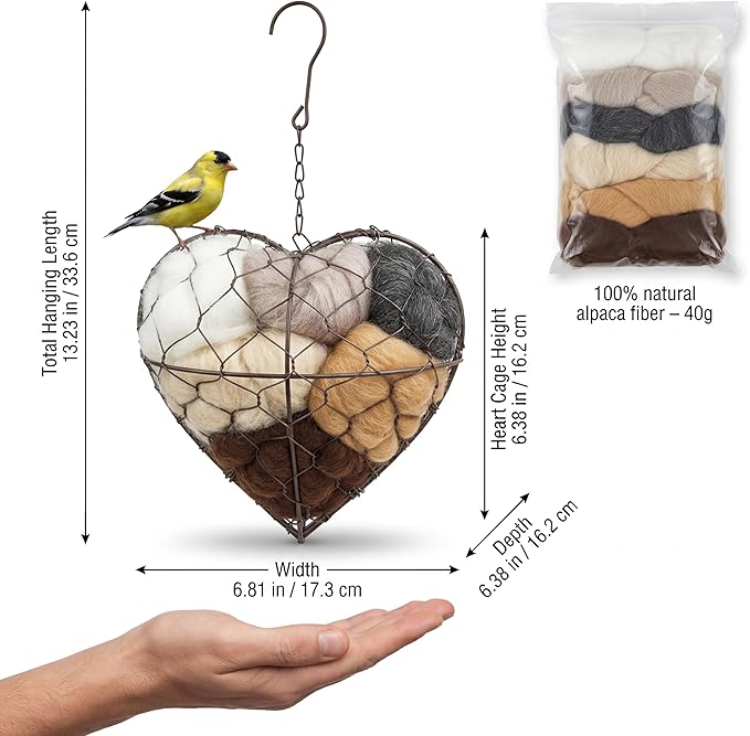 Tiezzi Handmade Alpaca Fiber Bird Nesting Heart, Refillable Bird Nesting Material Holder for Wild Birds & Hummingbirds, Outdoor Garden Decor Gift for Bird Lovers