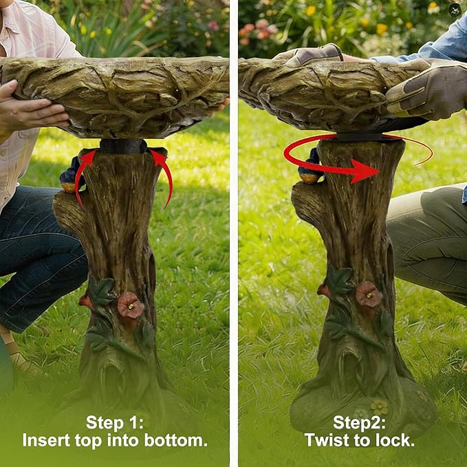 SKYFIRE 25.5” H Fibre Reinforced Concrete Bird Bath with Birds for Garden, Woodland Tree Trunk Decoration Outdoor Bird Bath，Pedestal Birdbaths for Outdoors, Garden, Patio, Lawn, Backyard